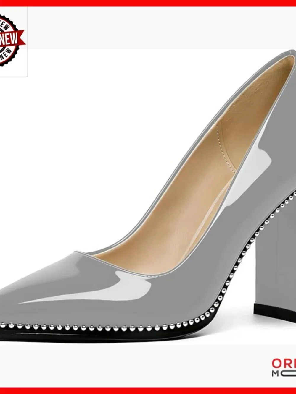 Chunky Heel Pumps 3.5 Inch Block Heel Pointed Toe Patent Leather